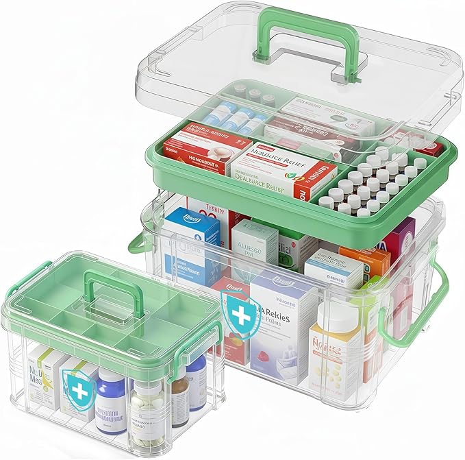 ANYPROLUS 2 Pack Clear Medicine Organizer Box with Handle, Plastic Medicine Container with Tray First Aid Box Empty, Thickene