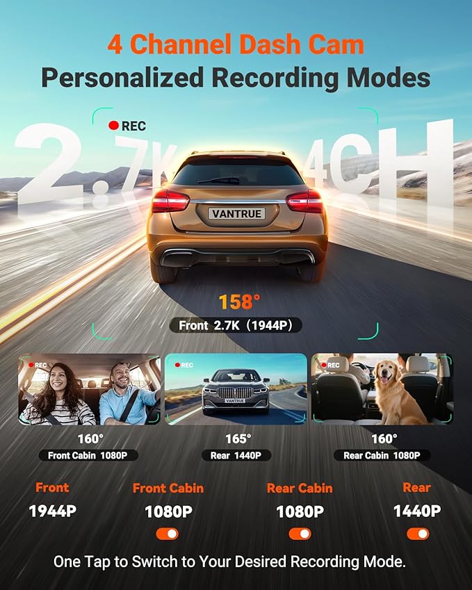 Vantrue N5S 4 Channel 360 Degree 2.7K Dash Cam, 4CH STARVIS 2 Night Vision, 2.7K+1080P*2+1440P Front Rear Inside Dashcam, 24/