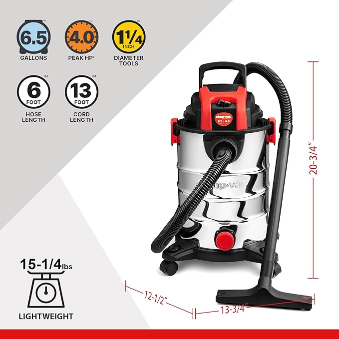 Shop-Vac 6.5 Gallon 4.0 HP Wet/Dry Vacuum with Blower Function, Stainless Steel Tank, Portable Shop Vacuum with Wheels, Inclu