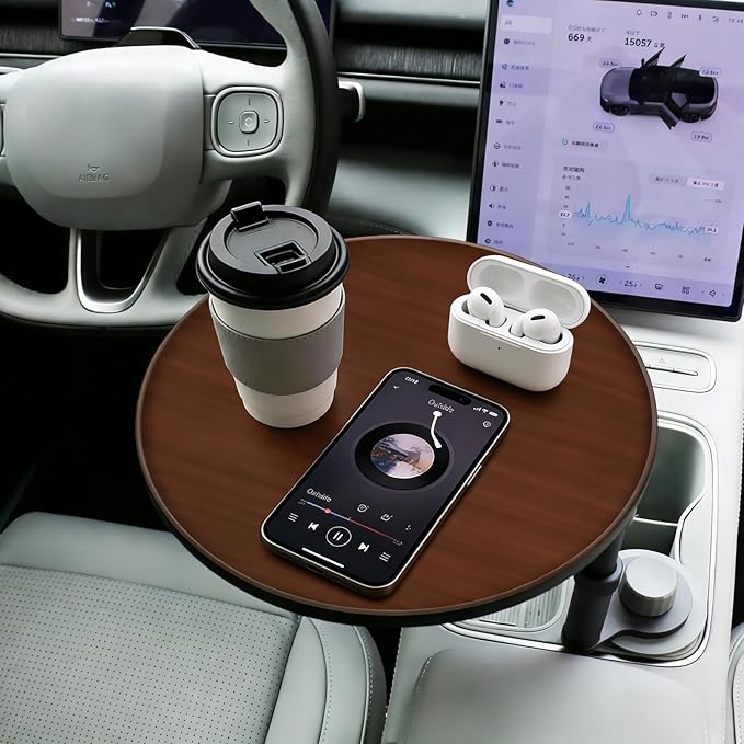 Car Desk for Laptop, Portable 360° Rotation Wooden Steering Wheel Tray (Cup Holder Mounted) for Food, Eating, Office, Compatible with Tesla Model Y/3 & Most Vehicles