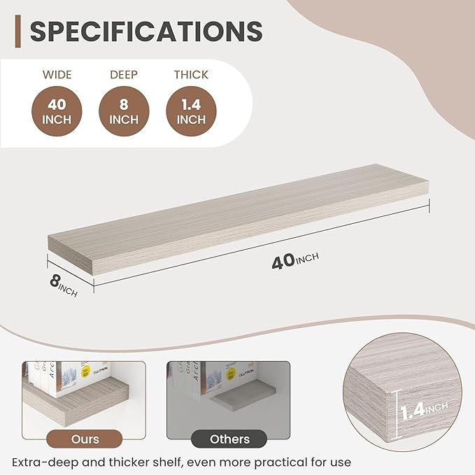40 Inch Floating Shelves, 8 Inch Deep Floating Shelves for Wall, Hanging Shelf with Invisible Brackets, Deep Shelves for Bath