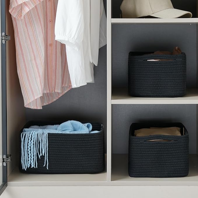 3-Pack Storage Baskets for Organizing | Woven Shelf Toy Basket | Rope Baskets for Gifts Empty | Closet Organizer Bins with Ha