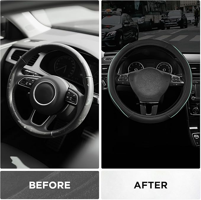 Road Comforts Leather Steering Wheel Cover with Decorative Trim and Piping, Anti-Slip Breathable Design, Fits 14.5–15 Inch Ro