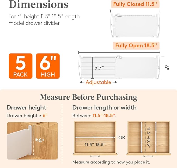 Lifewit 6" Tall 5 Pack Drawer Dividers, 30-47cm/11.5-18.5" Expandable Drawer Divider for Clothes, Adjustable Dresser Drawer O