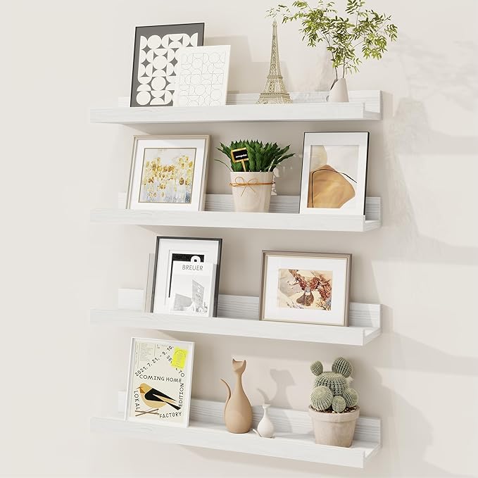 Fun Memories Picture Ledge Shelf, Solid Pine Wood Floating Shelves Set of 4, 16 Inches Nursery Book Shelves for Toys Storage,