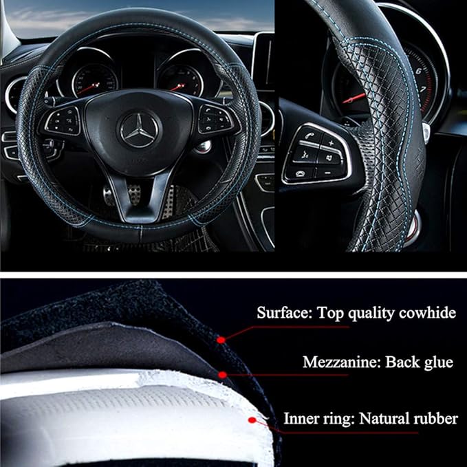 Red Rain Black and Blue Leather Steering Wheel Cover Cowhide Car Steering Wheel Cover Universal Size M / 15inch Fit Car/Auto/SUV (A-Black+Blue-M)
