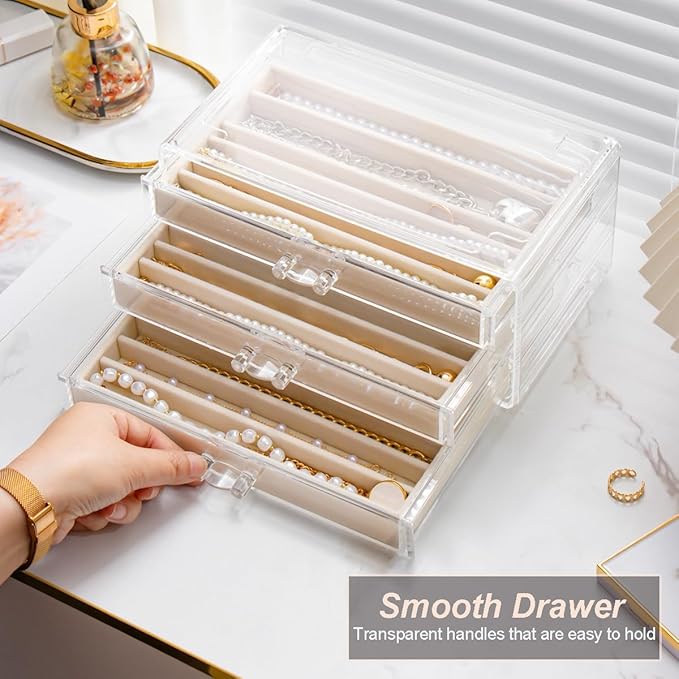 YUFONG Necklace Holder Organizer, Dustproof Necklace Box Velvet Necklace Organizer Box with Lid Clear Acrylic Dustproof Stack
