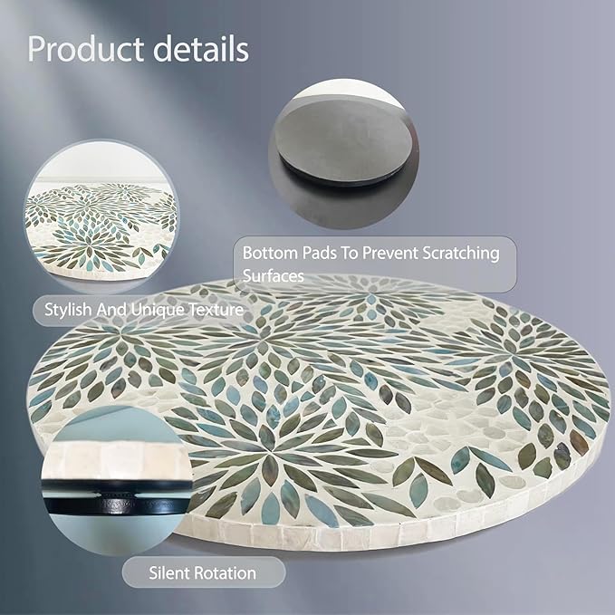 i-lan 18-inch Mother of Pearl Lazy Susan – Large Rotating Turntable with Floral Inlay, Smooth Spin for Kitchen Cabinet Dining
