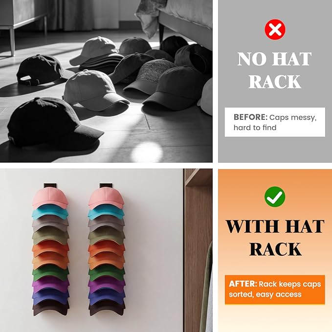 YOUDENOVA 2 Pack Hat Organizer for Baseball Caps, Adhesive or Screw-Mounted Hat Rack Holds 40 Hats, Hat Storage Display for W