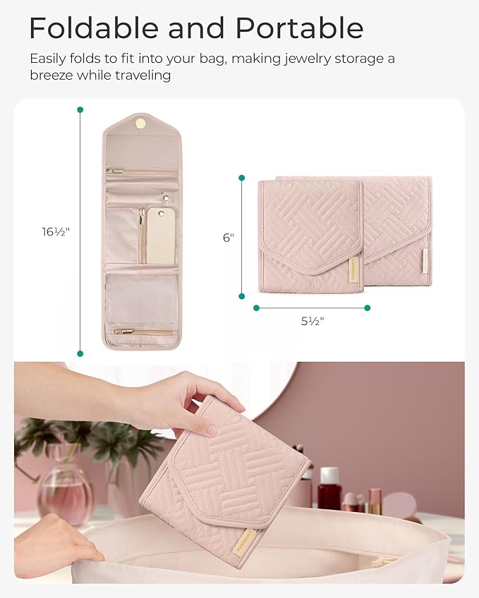 BAGSMART Travel Jewelry Organizer Case Foldable Jewelry Roll for Journey Rings, Necklaces, Earrings, Bracelets,Mini,Light Pin