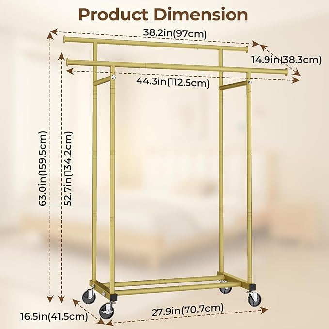 HYSEYY Double Rods Clothes Rack, Sturdy Rolling Clothing Rack, Portable Clothing Racks for Hanging Clothes - Metal Garment Ra