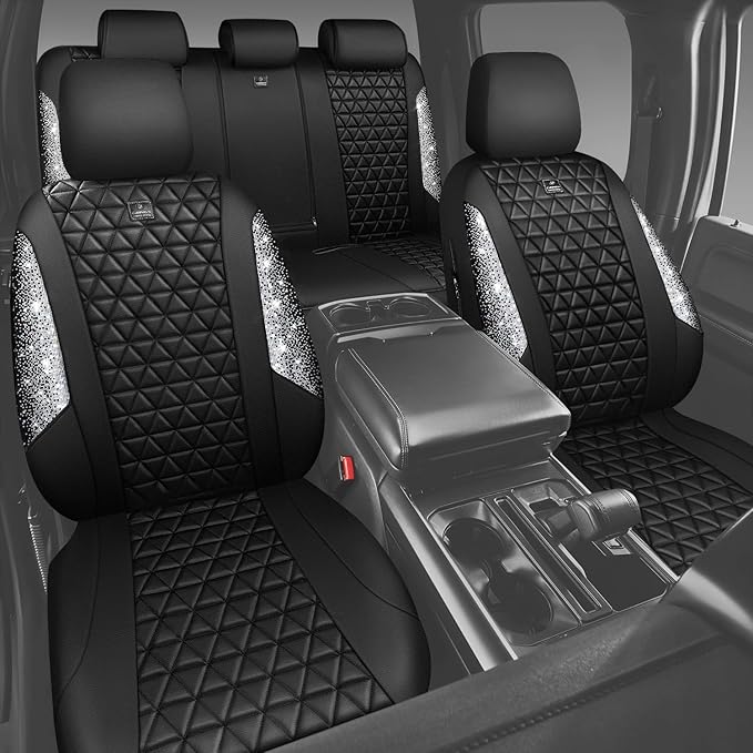 CAR PASS Bling Diamond Leather Car Seat Covers for 2 Front Interior Sets, Waterproof Shining Glitter Sparkly Crystal Universa