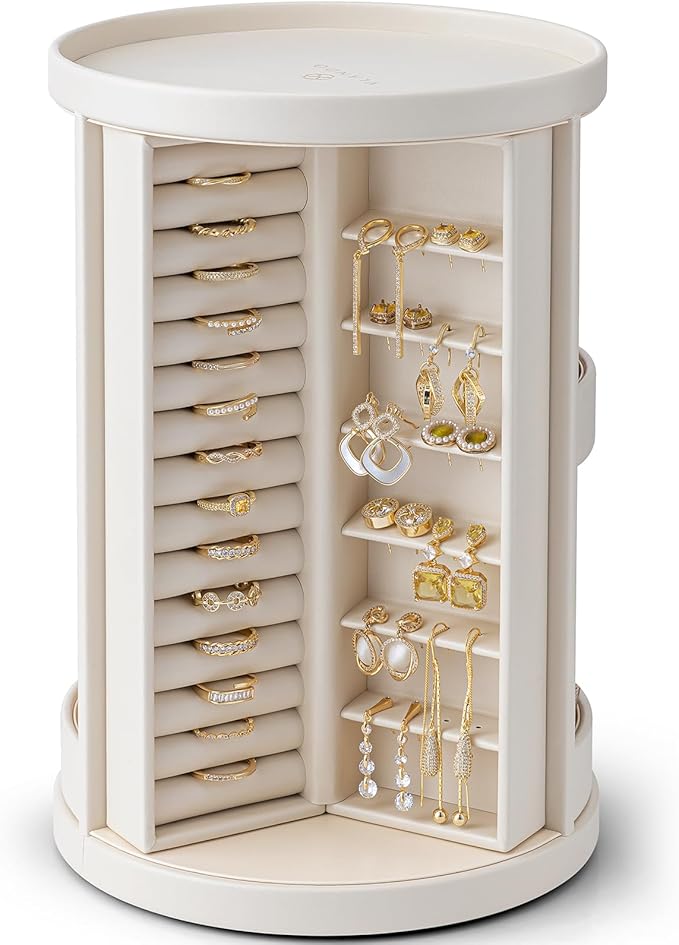Vlando 360°Rotating Jewelry Box,Earring Organizer Large Vertical Jewelry Organizer with 6 Necklace Hooks, Open Ring Display S