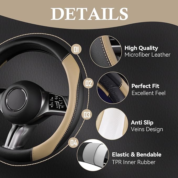 CAR PASS Faux Leather Steering Wheel Cover and Waterproof Car Floor Mats,Universal Car Combo Fit for 95% Sedan,SUV,Cars,14.5-15inch Sporty Anti-Slip Safety Comfortable Design(Black＆Beige)
