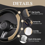 CAR PASS Faux Leather Steering Wheel Cover and Waterproof Car Floor Mats,Universal Car Combo Fit for 95% Sedan,SUV,Cars,14.5-15inch Sporty Anti-Slip Safety Comfortable Design(Black＆Beige)