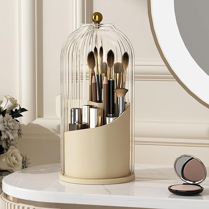 YOOLENS Makeup Brush Holder with Lid 360 Rotating Clear Dustproof Make Up Organizers for Vanity Bathroom Countertop, White Be
