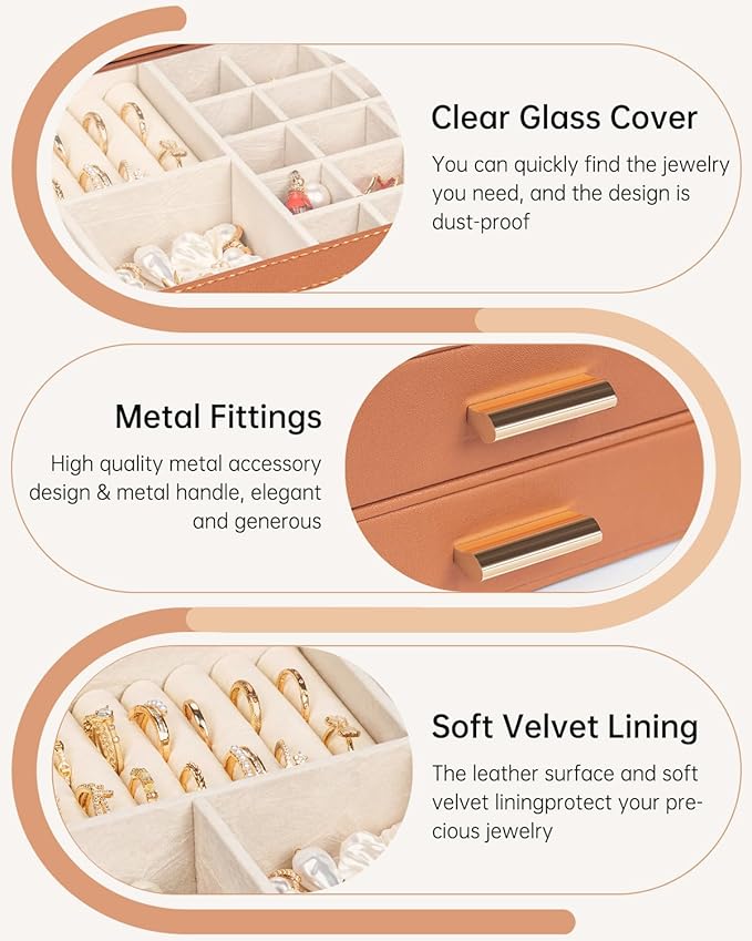 AKOZLIN Jewelry Box with Clear Lid Functional Leather Jewelry Storage Organizer Case 2 Drawers for Women Girls Necklace Ring 