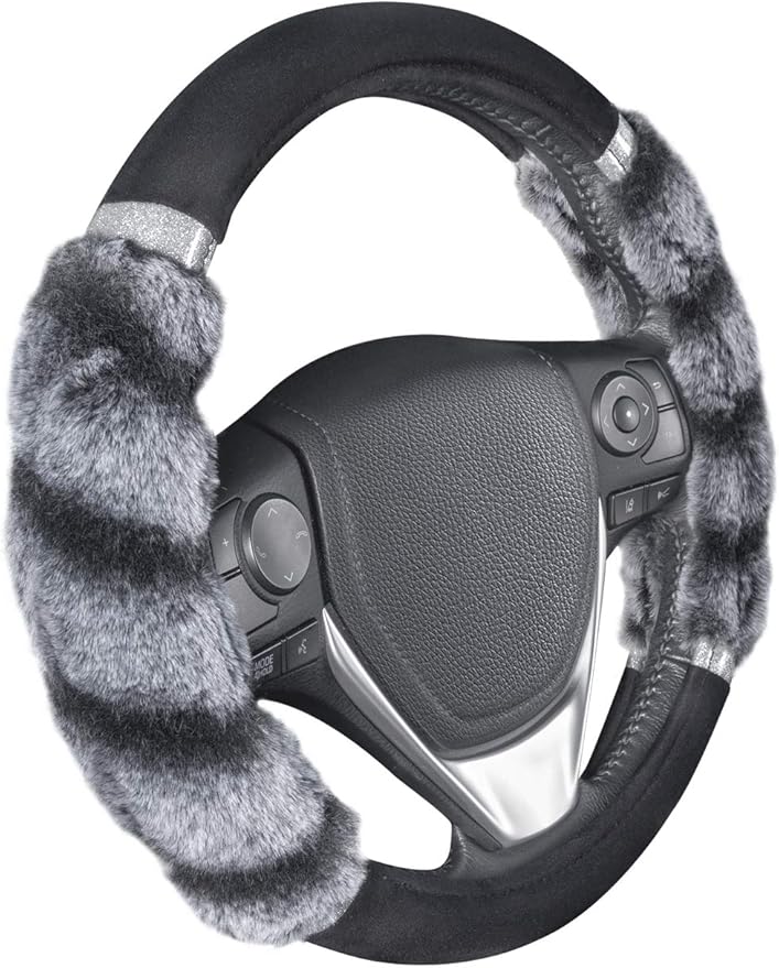 BDK Bear Fur Plush Steering Wheel Cover - Cute Faux Wool Protector for Women Girls Fits Wheels 14.5-15 inch Bear Fur - Black/