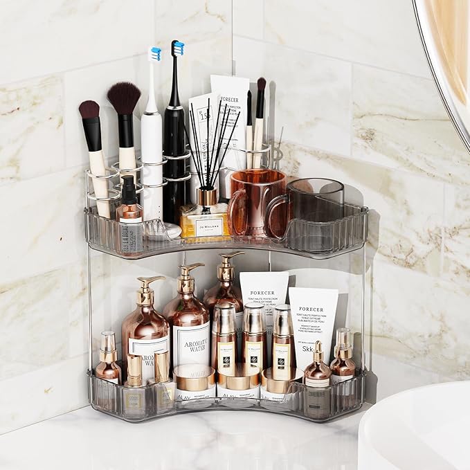 Asayuee 2-Tier Corner Bathroom Counter Organizer with Top Toothbrush Holders,Large Makeup Organizer Countertop with Brush Hol