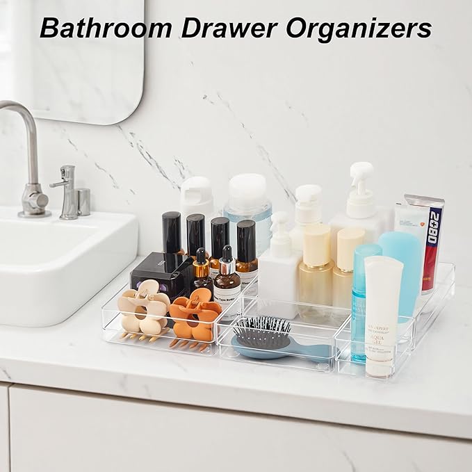 SMARTAKE 25-Piece Drawer Organizer with Non-Slip Silicone Pads, 4-Size Desk Drawer Organizer Trays Storage Tray for Makeup, J
