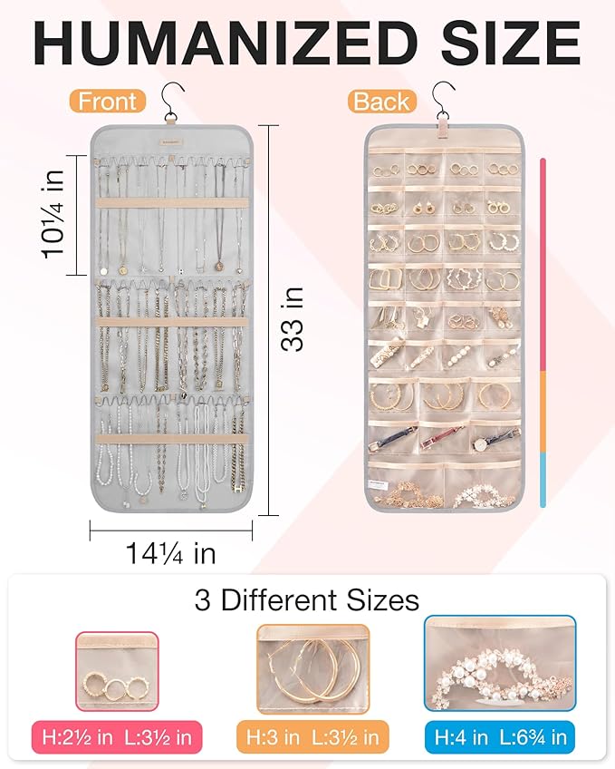 BAGSMART Hanging Jewelry Organizer Storage Roll with Hanger Metal Hooks Double-Sided Jewelry Holder for Earrings, Necklaces, 