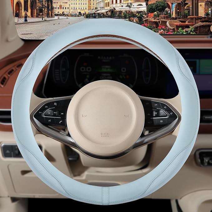 Nappa Leather Blue Steering Wheel Cover, Advanced Microfiber Leather Non-Slip Breathable Fabric, Warm in Winter and Cool in S