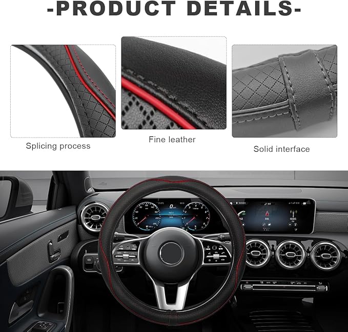 Car Steering Wheel Cover, 15 Inch Anti-Slip Breathable Leather Auto Steering Wheel Protector, Full Surround Soft Steering Whe
