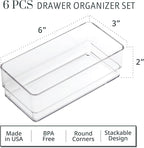 STORi SimpleSort 6-Piece Stackable Clear Drawer Organizer Set | 6" x 3" x 2" Rectangle Trays | Small Makeup Vanity Storage Bi