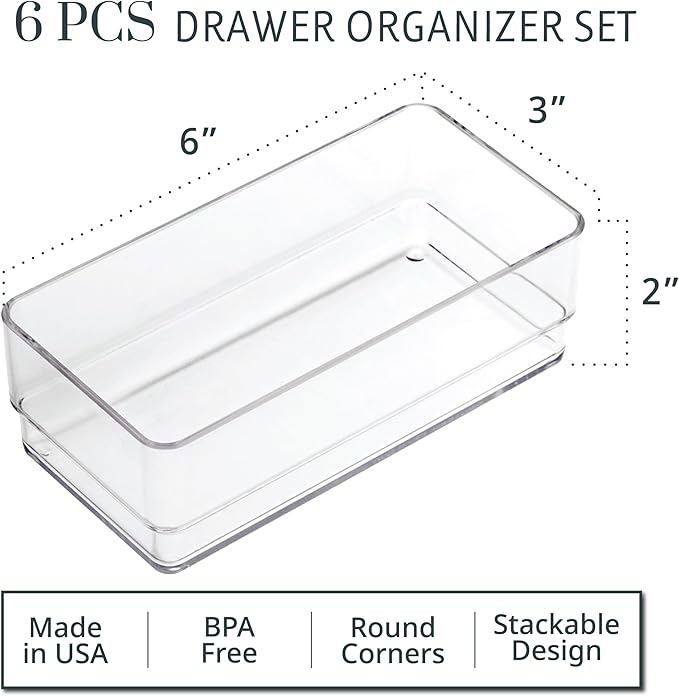 STORi SimpleSort 6-Piece Stackable Clear Drawer Organizer Set | 6" x 3" x 2" Rectangle Trays | Small Makeup Vanity Storage Bi