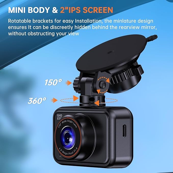 Dash Cam Front and Rear, 2.5K Dual Dash Camera for Cars, 2560P Mini Car Camera, 2 inch IPS Screen, WDR Night Vision, 24 Hours