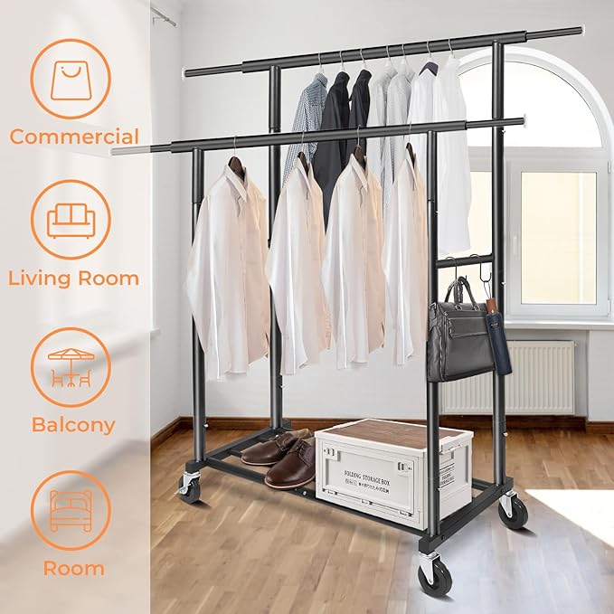 Fishat Stand Portable Black Double Rods Garment Clothes Rack with Rolling and Lockable Wheels Mobile, 48" W x 15" D x 67" H, 