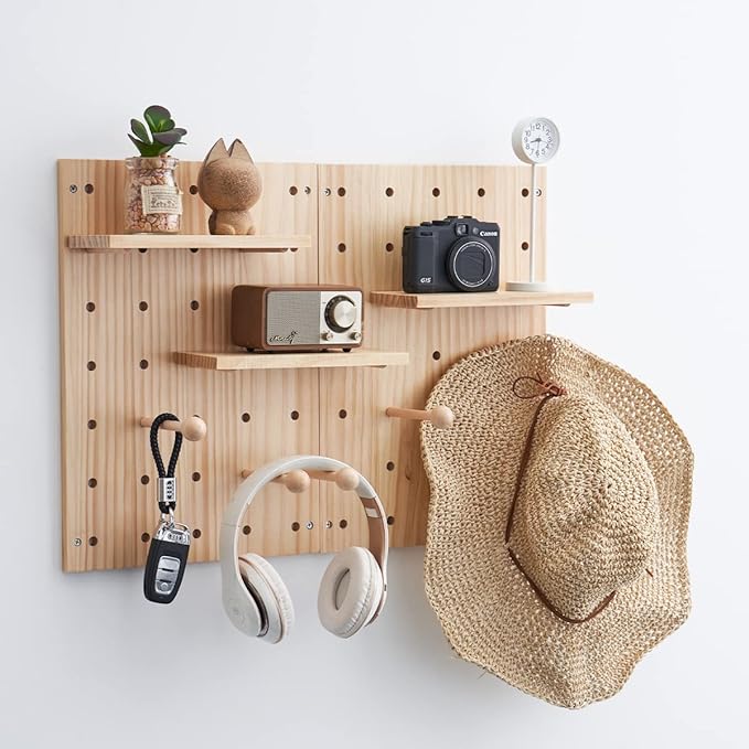 Wood Pegboard Combination Wall Organizer Kit, Wooden Display Pegboard Panel Kits for Bedroom, Study, Office, Bathroom, 2 Piec