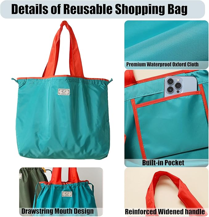 4PC Foldable Reusable Shopping Bags 210D Nylon Waterproof Travel Grocery Tote with Drawstring Mouth & Reinforced Handle