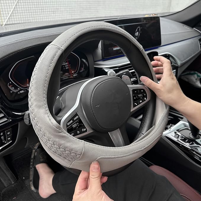 Moyishi Top Leather Steering Wheel Cover Universal Fit Soft Breathable Steering Wheel Wrap (Grey)