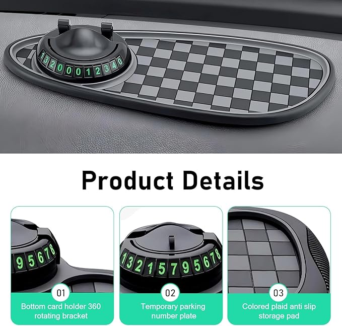 Car Dashboard Phone Holder, Multifunction Dashboard Anti Slip Mat with Temporary Parking Number, 3360 Degrees Rotatable Car C