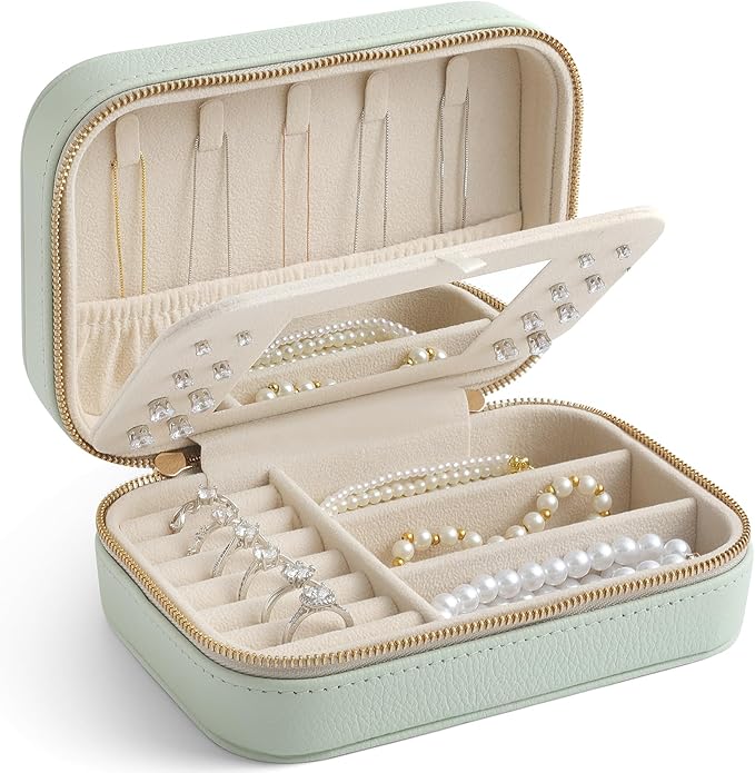 Genuine Leather Travel Jewelry Organizer Case with Mirror for Women, Small Mini Portable Jewelry Box for Ring Earrings Neckla