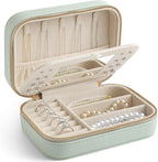 Genuine Leather Travel Jewelry Organizer Case with Mirror for Women, Small Mini Portable Jewelry Box for Ring Earrings Neckla
