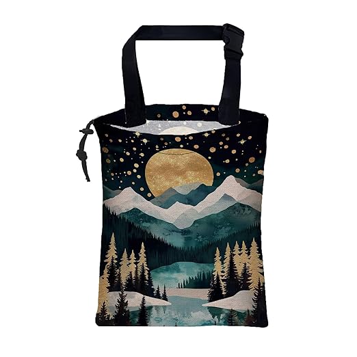 Car Trash Bag Golden Moon Snowy Mountains Hanging Drawstring Car Organizer and Storage Bag with Adjustable Buckle Canvas Garbage Bin for Back Seat or Hanging Headrest Car Decor