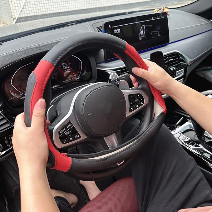 Moyishi Top Leather Steering Wheel Cover Universal Fit Soft Breathable Steering Wheel Wrap (Red)