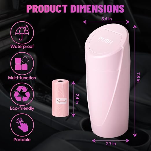 Car Trash Can Bin with Lid - 2 Packs Car Garbage Can Cup Holder - Pink Mini Leakproof Vehicle Garbage Bin with 40pcs Trash Bags-Automobile Organizers and Storage for Front Back Seat Accessories