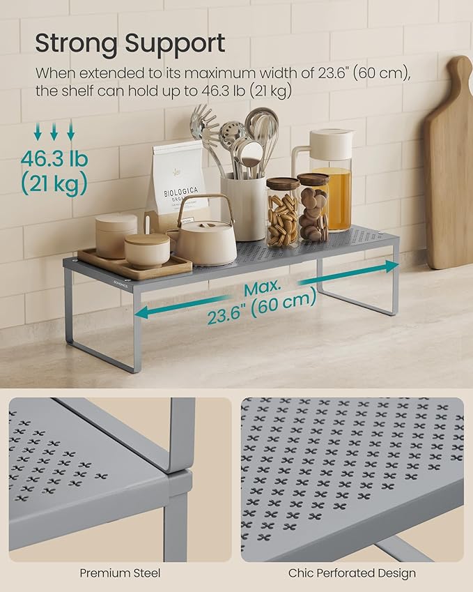 SONGMICS Spice Racks, Set of 2 Expandable Kitchen Countertop Shelves, Small Cupboard Organizers, Metal, Space-Saving Tabletop