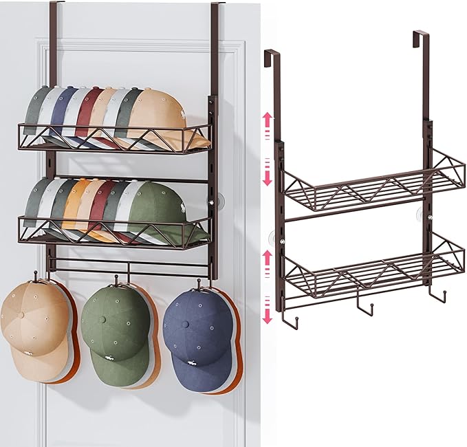 SWTYMIKI Over Door Hat Organizer - 3 Tier Wall Mounted Hat Rack with 2 Adjustable Metal Basket and 3 Hooks, Hanging Baseball 