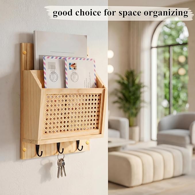 Rattan Mail and Key Holder Wall Mounted, Wood Magazine Mail Sorter Rack Wall Organizer with 2 Slots 3 Hooks for Coat, Dog Lea