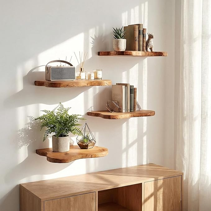 Pinkunn 4 Pcs Floating Shelves for Wall Wooden Live Edge Shelf Wall-Mounted Natural Solid Wood Bedroom Kitchen Storage Living