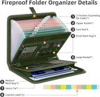 Fireproof Accordion File Organizer, Portable Expanding File Folder with Waterproof Zipper&Labels, Green Document Organizer wi
