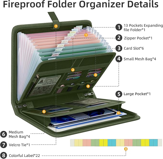 Fireproof Accordion File Organizer, Portable Expanding File Folder with Waterproof Zipper&Labels, Green Document Organizer wi