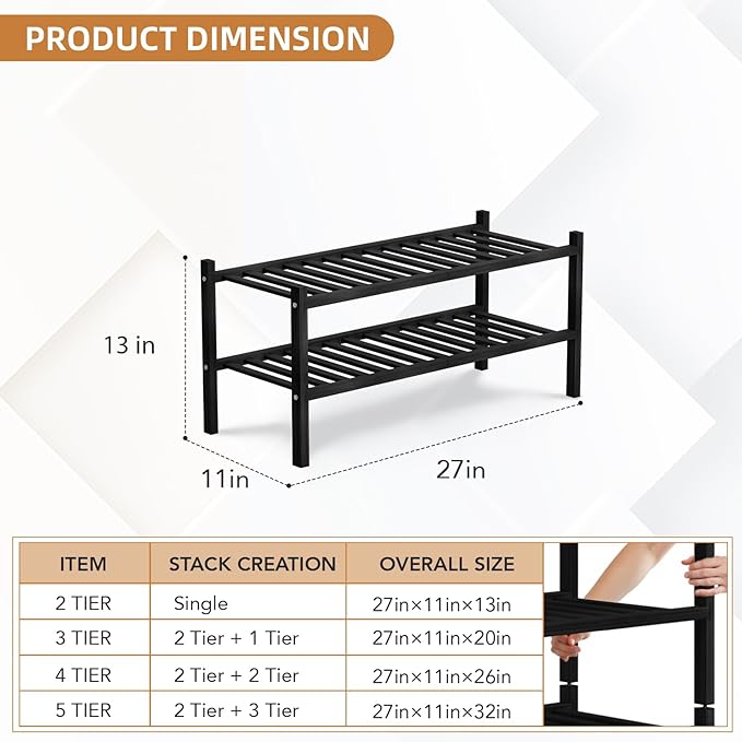 2 Tier Bamboo Shoe Rack Storage Organizer for Closet, Multifunctional Stackable Free Standing Shoe Shelf Organizer for Small 