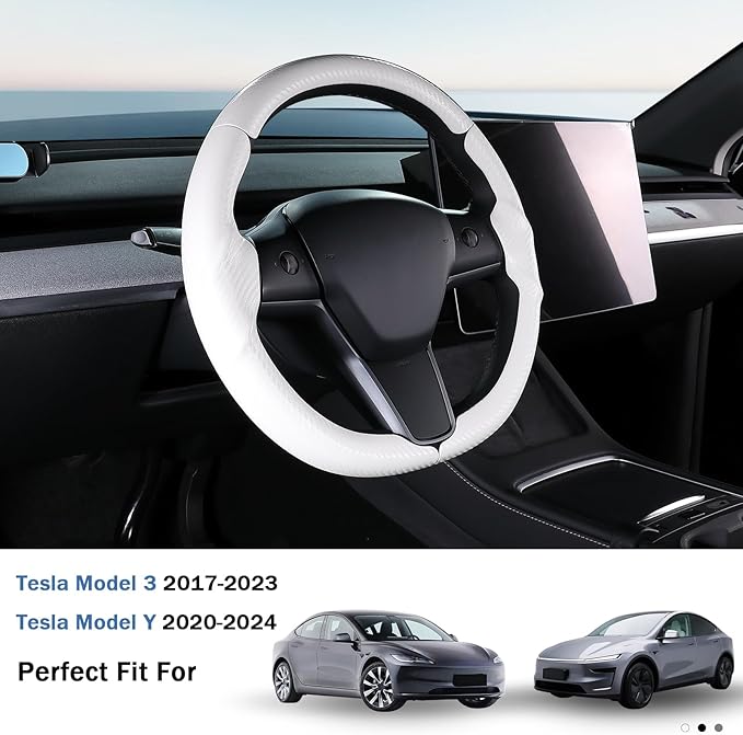 Steering Wheel Cover for 2017-2023 Tesla Model 3 2020-2024 Tesla Model Y, Carbon Fiber Steering Wheel Cover for Tesla Model 3/Y Accessories, Matte White