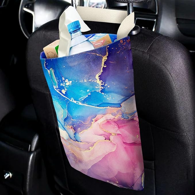 Car Trash Bag Hanging No Snap Small Garbage Bag for Car Back Seat Cute Printed One-handed Strap Trash Bags Car Accessories-Pink Blue Purple Marble Car Trash Bags