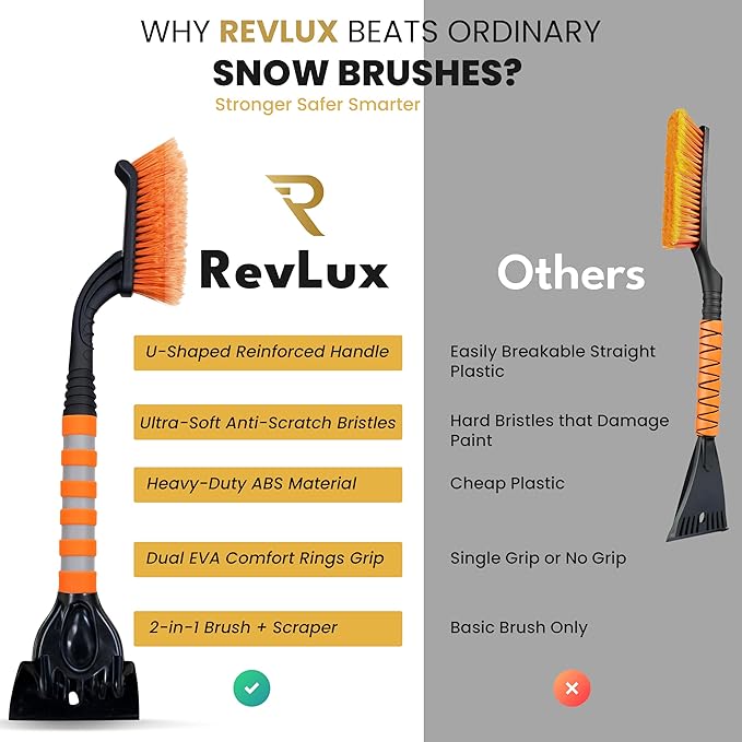 RevLux 27” Snow Brush and Ice Scraper for Car Windshield – Heavy Duty Snow Remover for Cars, SUVs & Trucks | Soft Non-Scratch Bristles | Detachable ABS Ice Scraper | Winter Windshield Cleaning Tool
